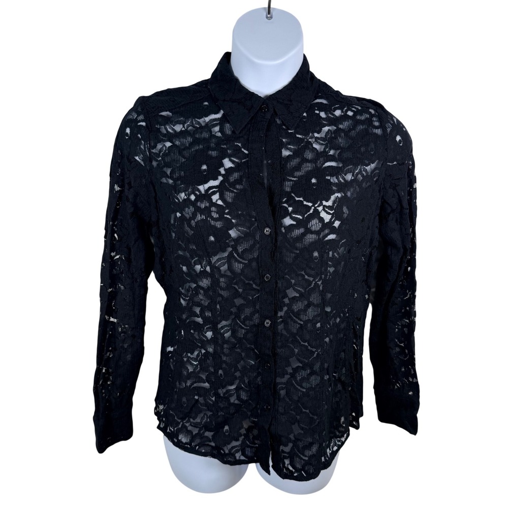 New York & Company L Stretch Black Floral Lace Button Up Shirt LS Whimsigoth